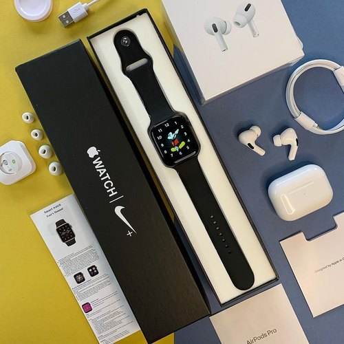 Black Square Smart Watch And Airpods Pro